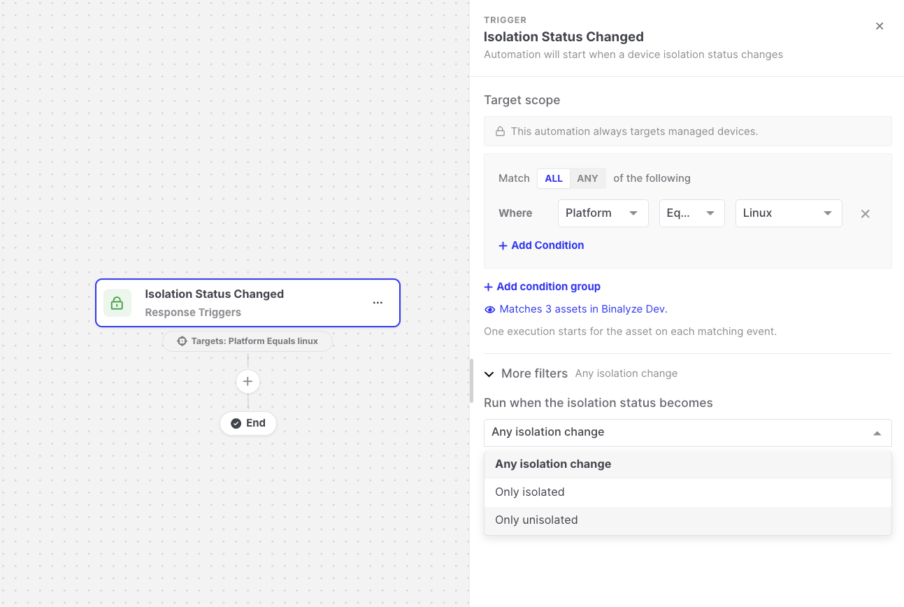 Isolation Status Changed: Trigger settings